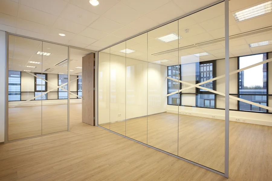 Moderne, lege kantoorruimte aan de De Boelelaan met glazen wanden, houten vloer en grote ramen.